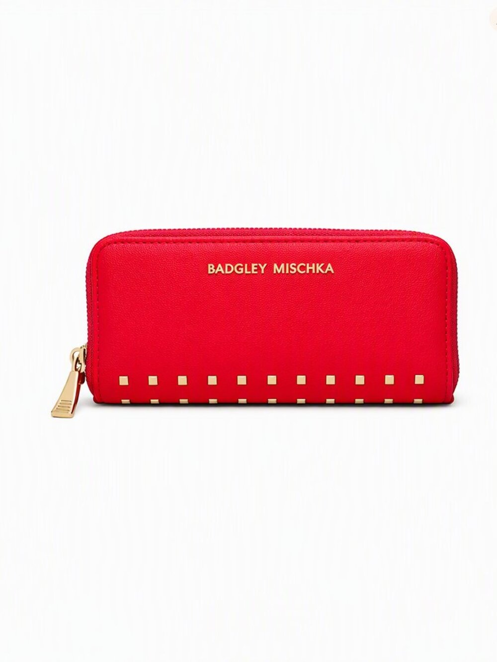 Badgley Mischka Red Vegan Leather Studded Zip Wallet Gold Hardware Luxe Designer